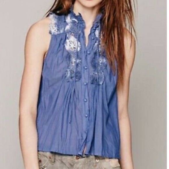 Free People Tops - Free People Crochet Blue Flyaway Open Back Sleeveless Boho Crop Top Size Small